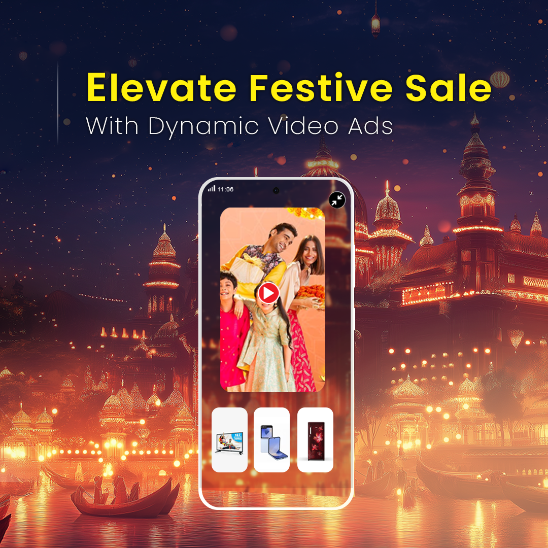 Festive-themed temple skyline with dynamic video ads on mobile representing festive sales