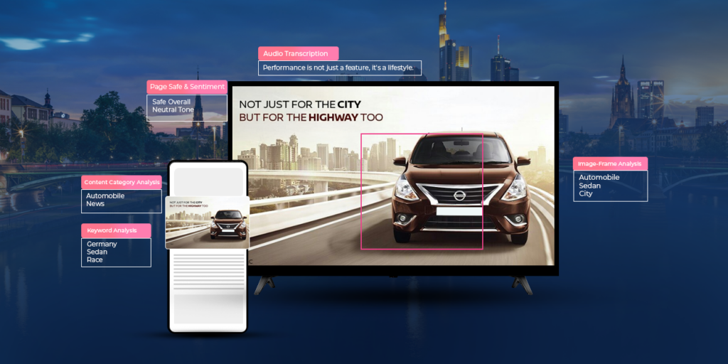 Context-aware cross-channel campaign for an automobile ad via category, keyword, audio, image and safety analysis.