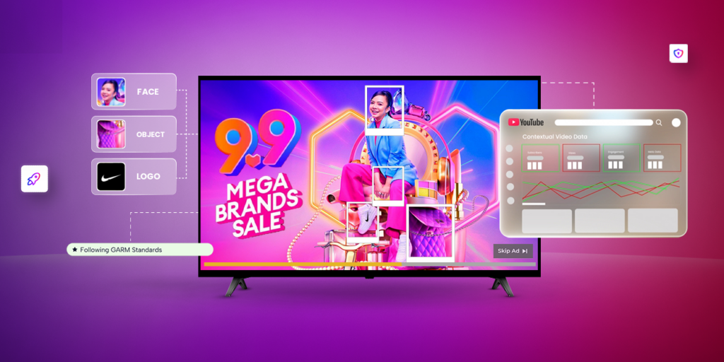 Context signals like faces, logos, and objects detected on YouTube CTV content via Pulse, enabling precise contextual ad targeting for 9.9 Sale.