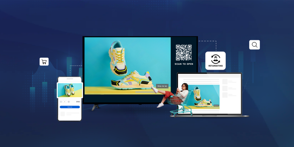 Omnichannel retargeting across devices showing how AI and ad tech reconnect cart abandoners through display, CTV, and mobile ads during festive sales.